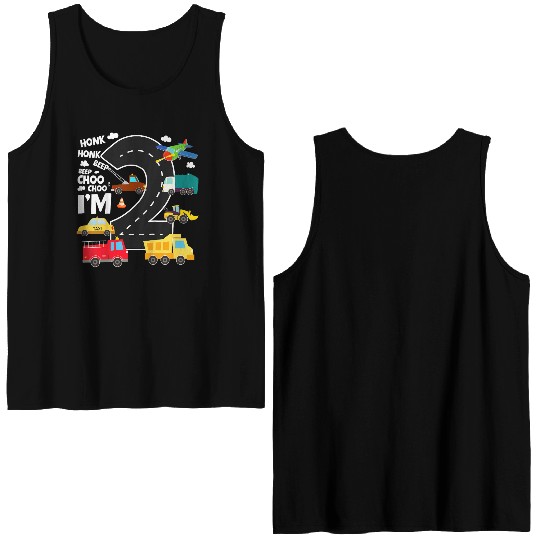 Kids Birthday 2 Traffic Vehicles Number Two Design Double Sided Tank Tops