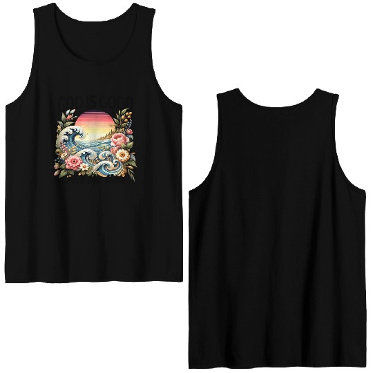 Elegant Wave and Floral Sunset Scene - GOD IS GOOD Double Sided Tank Tops