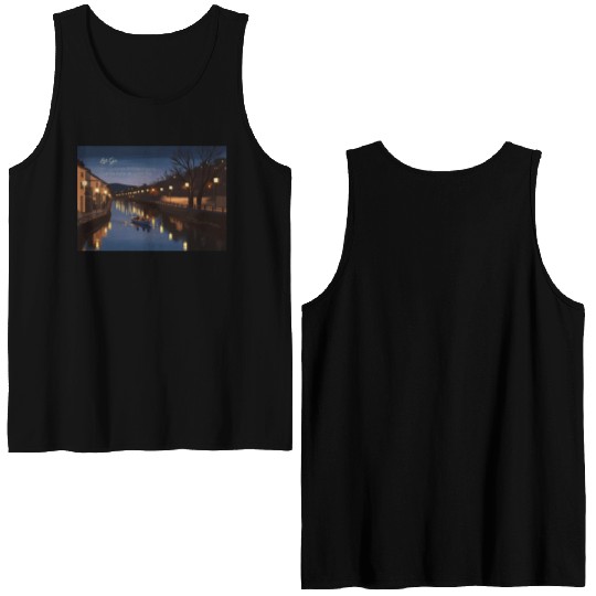 Serene Night Riverside Boat Scene Double Sided Tank Tops