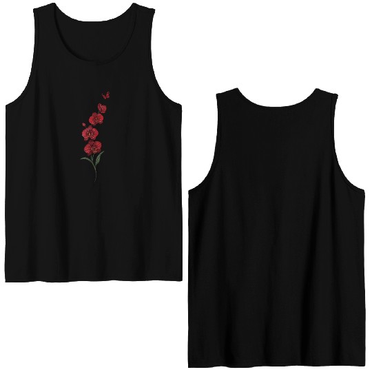 Red Orchid Flowers illustration with red butterfly Double Sided Tank Tops