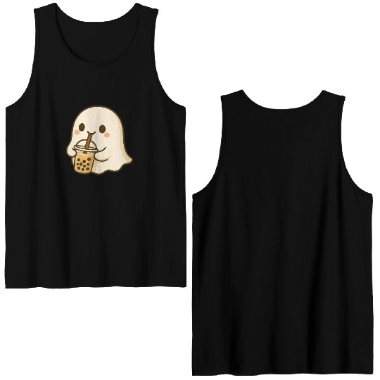 Cute Ghost with Bubble Tea Design Double Sided Tank Tops