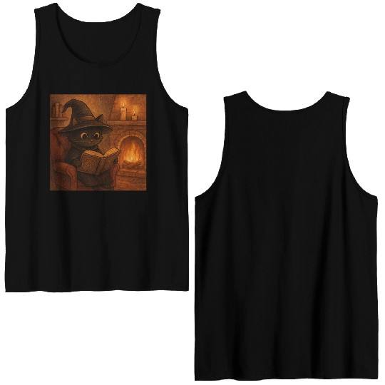 Enchanted Cat Witch by the Fireplace Double Sided Tank Tops
