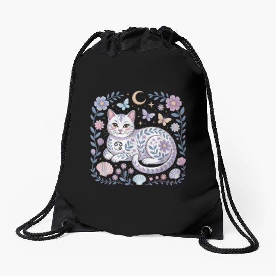 Cancer Zodiac Cat Mystical Art Drawstring Bags