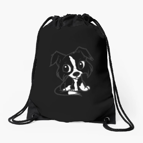 border collie bw cartoon Drawstring Bags