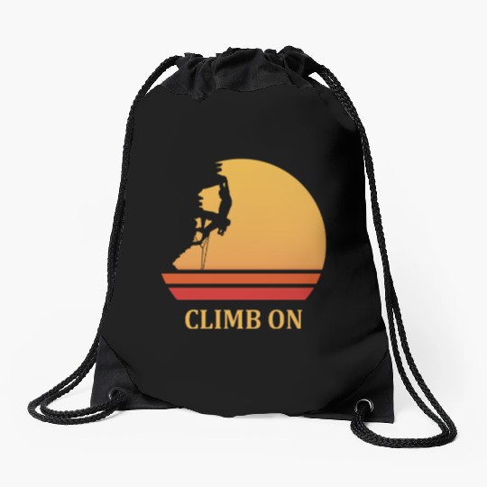 climb on rock climbing Drawstring Bags