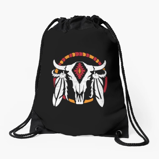 Aztec Pattern Cow Skull Cowboy Indian Mexican Drawstring Bags