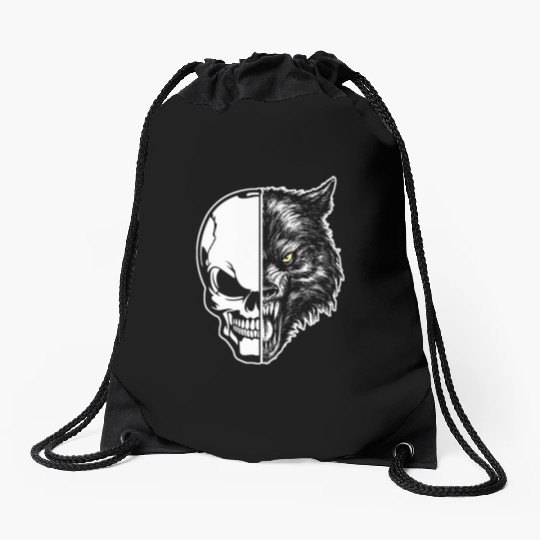 skull and wolf Drawstring Bags