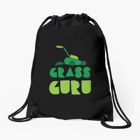 Grass guru with green lawn mower Drawstring Bags