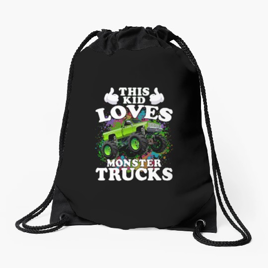 This Kid Loves Monster Trucks Drawstring Bags