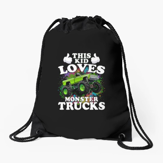 This Kid Loves Monster Trucks Drawstring Bags