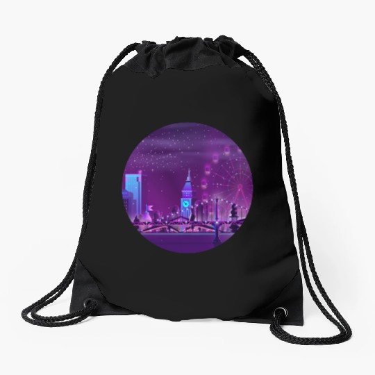 Synthwave Neon City: London Drawstring Bags