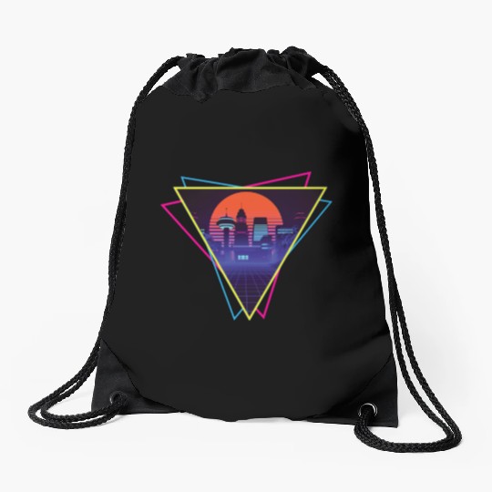 future city synthwave Drawstring Bags