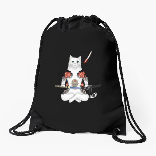 Japanese Samurai Cat Katana Ninja Yakuza Tattoo Drawstring Bags