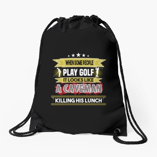 play golf caveman humor golf humor funny golf gift Drawstring Bags