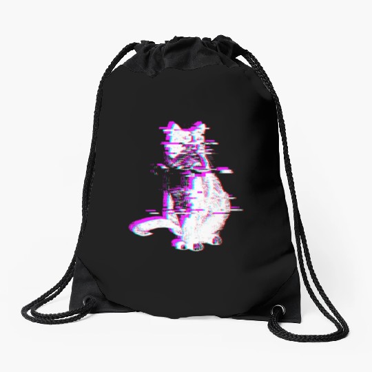 Vaporwave Synthwave Glitch Cat Feline Kitty Drawstring Bags