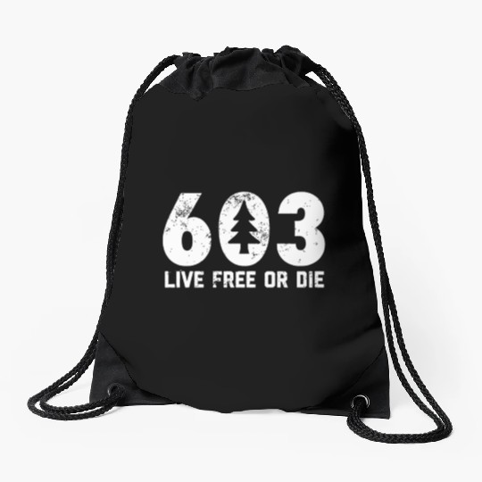 Live Free or Die 603 tree New Hampshire Drawstring Bags