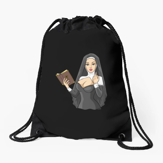 Sexy nun techno middle finger stinky finger sin Drawstring Bags