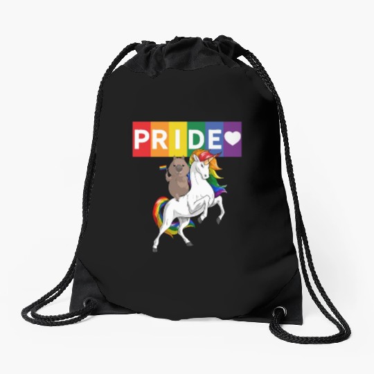 LGBT Gay Pride Wombat Riding Rainbow Unicorn Drawstring Bags