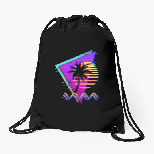 Vaporwave Palm Tree Sunset 90s Glitch Aesthetic Drawstring Bags