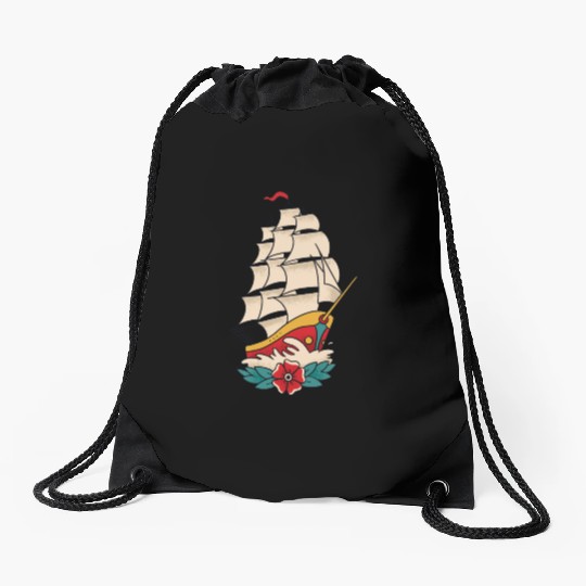 Traditional Tattoo Sailing Ship Colorful Drawstring Bags