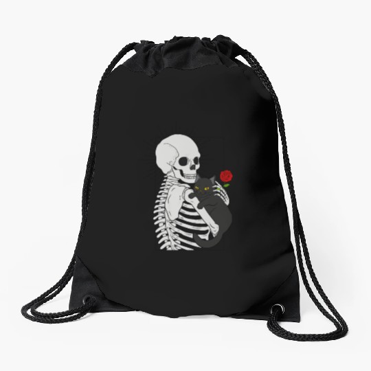 Black Demonic Cat Skeleton Hail Satan Death Metal Drawstring Bags