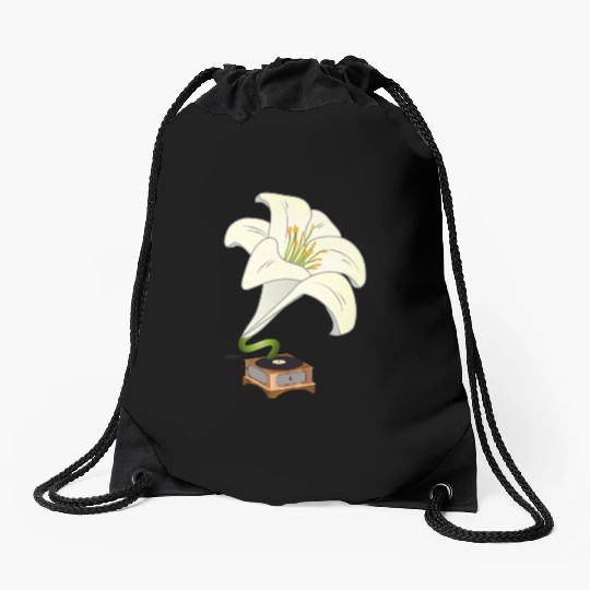 nostalgic lilies flowers blossoms gramophone Drawstring Bags