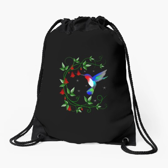 Hummingbird with red flowers Drawstring Bags