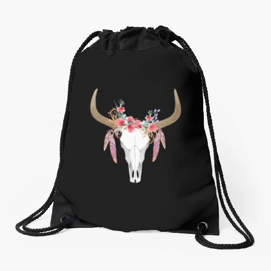 Floral Cow Skull With Feathers Bull Skull Drawstring Bags