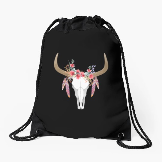 Floral Cow Skull With Feathers Bull Skull Drawstring Bags