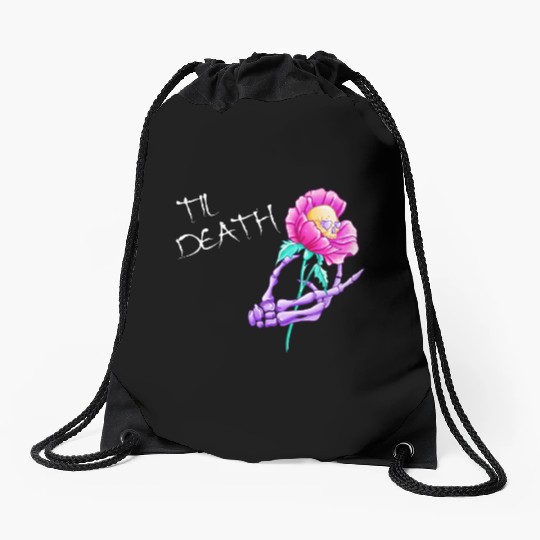 Til Death Valentine Skeleton Hand Skull Flower Drawstring Bags