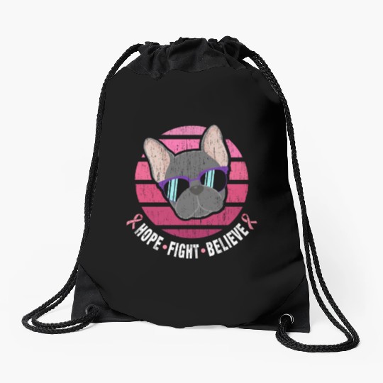 Breast Cancer Awareness French Bulldog Pink Ribbon Drawstring Bags