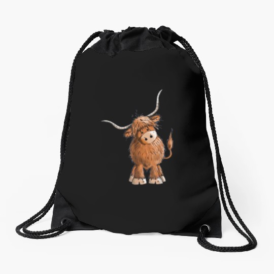 Fluffy and funny scottish highland cow Drawstring Bags