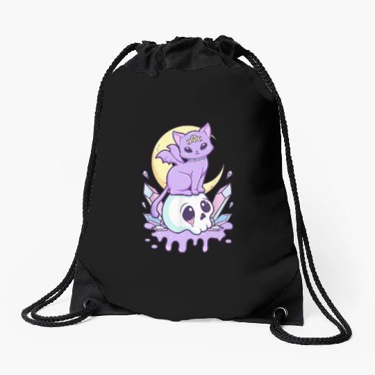 Pastel Goth Cute Creepy Witchy Cat and Skull Drawstring Bags