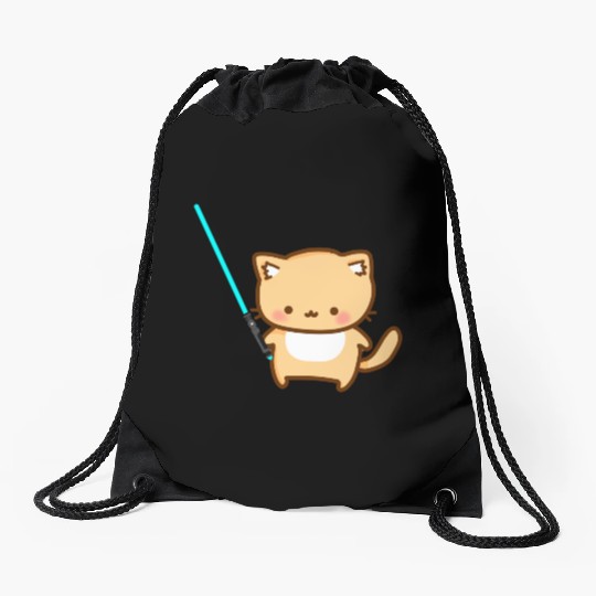 Cute cat with blue lightsaber Drawstring Bags