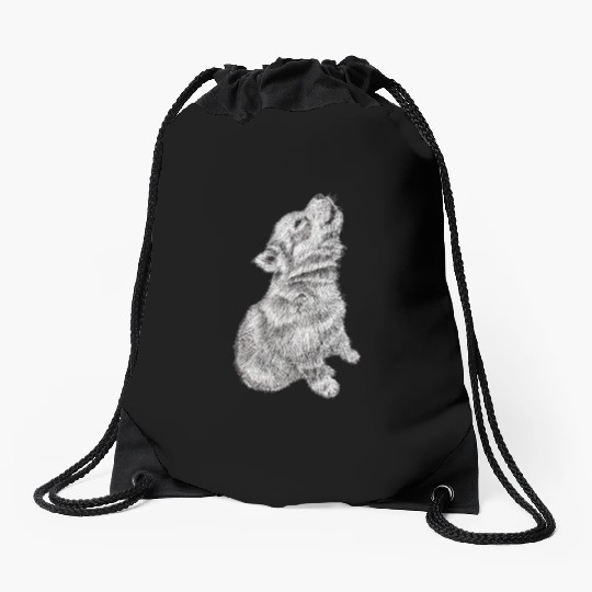 Cute Baby Howling Wolf Cub Sketch Drawstring Bags
