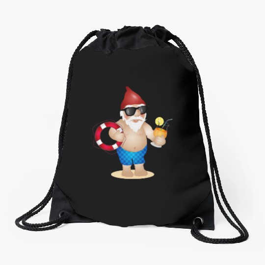 Garden gnome with swimming trunks and lifebuoy Drawstring Bags