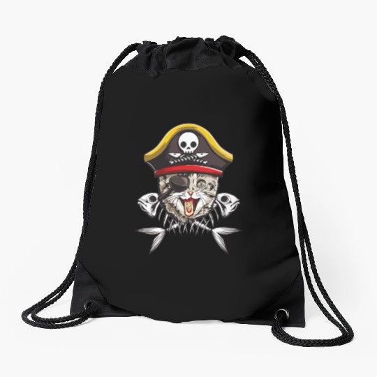Cat Pirate Jolly Roger Flag Skull Crossbones Capta Drawstring Bags