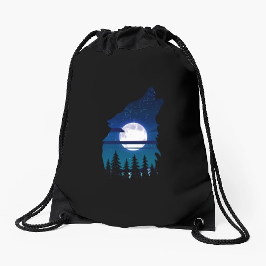 Howling wolf full moon forest howling wild Drawstring Bags