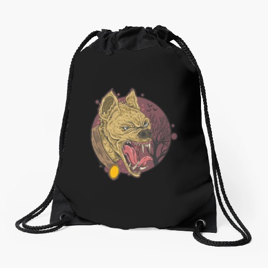 wild hyena angry face head Drawstring Bags