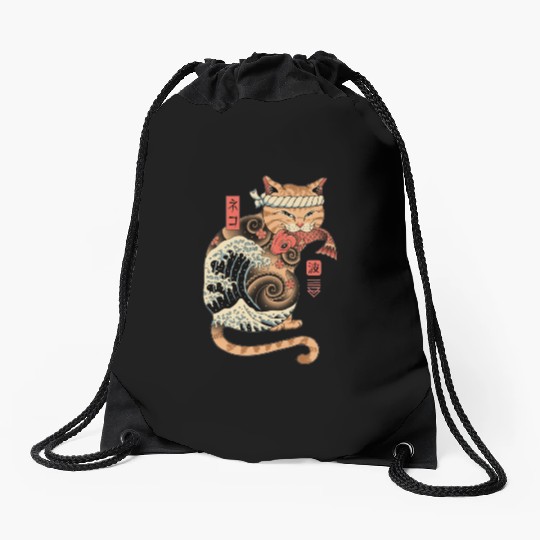 Funny Japanese Catana Wave Eating Koi Fish Drawstring Bags