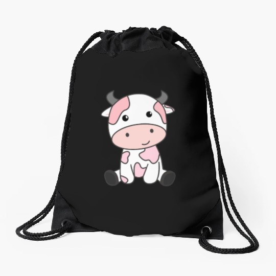 Strawberry Cow Cute Pink Strawberry Cow Kawaii Drawstring Bags