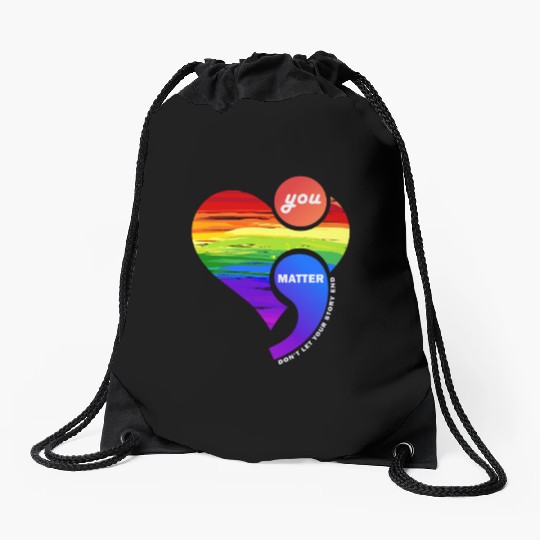 Rainbow Heart Semicolon You Matter Drawstring Bags