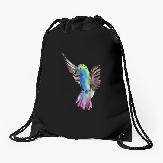 Colorful Watercolor Hummingbird flying pink Drawstring Bags