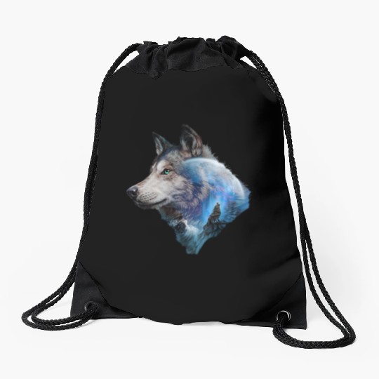 Wolf Moon Forest View Nature Drawstring Bags