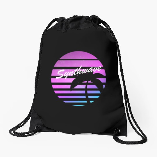 Aesthetic synthwave sunset with palm tree. Drawstring Bags