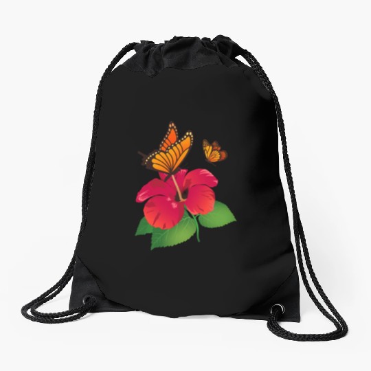 Hibiscus Flower and Monarch Butterfly Nature Drawstring Bags