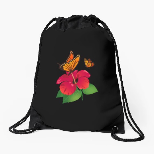 Hibiscus Flower and Monarch Butterfly Nature Drawstring Bags
