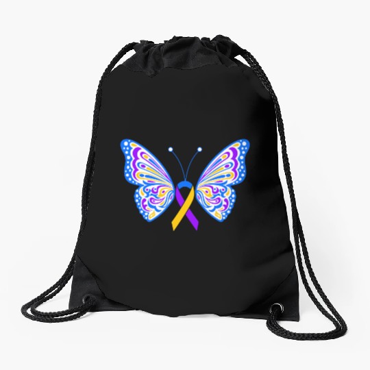 Bladder Cancer Purple Yellow Blue Ribbon Butterfly Drawstring Bags