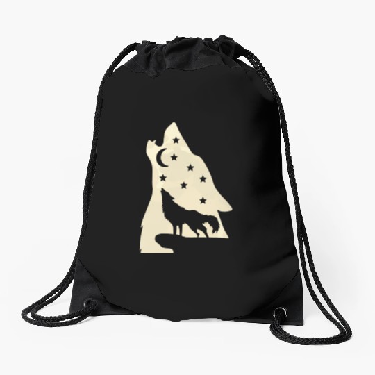 Wolf silhouette howling wolf moonlight Drawstring Bags