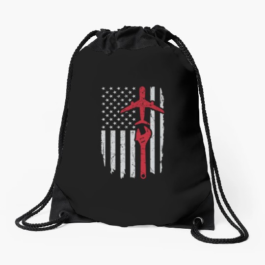 Airplane Mechanic US Flag Aviation Technician Gift Drawstring Bags